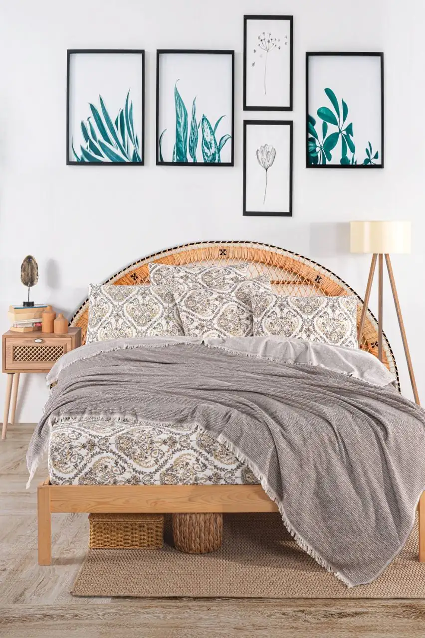 Oslo Pamuklu Çift Kişilik Lastikli Çarşaflı Pike Takımı - BEJ