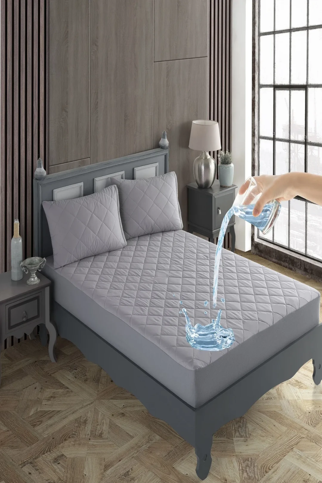 %100 Pamuklu Kapitoneli FİTTED Sıvı Geçirmez Alez Takımı - GRİ