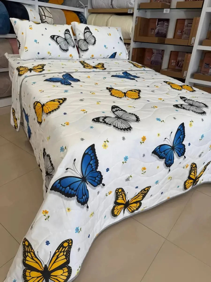 Çift Kişilik Battal Boy Pamuklu Yatak Örtüsü & Pike Takımı - KELEBEK