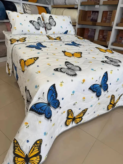 Çift Kişilik Battal Boy Pamuklu Yatak Örtüsü & Pike Takımı - KELEBEK