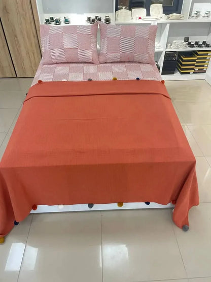 Çift Kişilik Çeyizlik Ponponlu Pike Takımı - TURUNCU