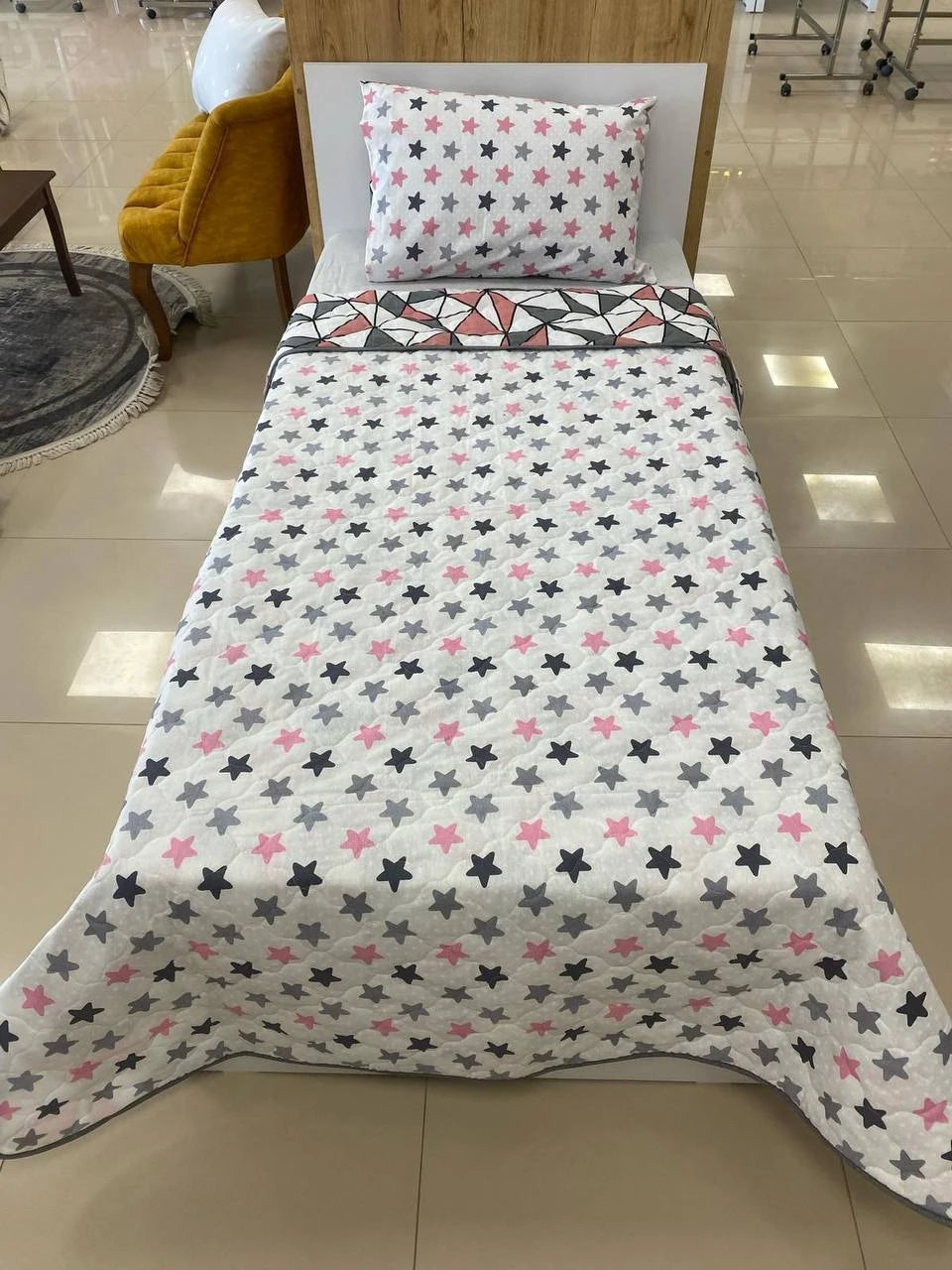 Tek Kişilik Kapitone Yatak Örtüsü Takımı - PEMBE YILDIZ